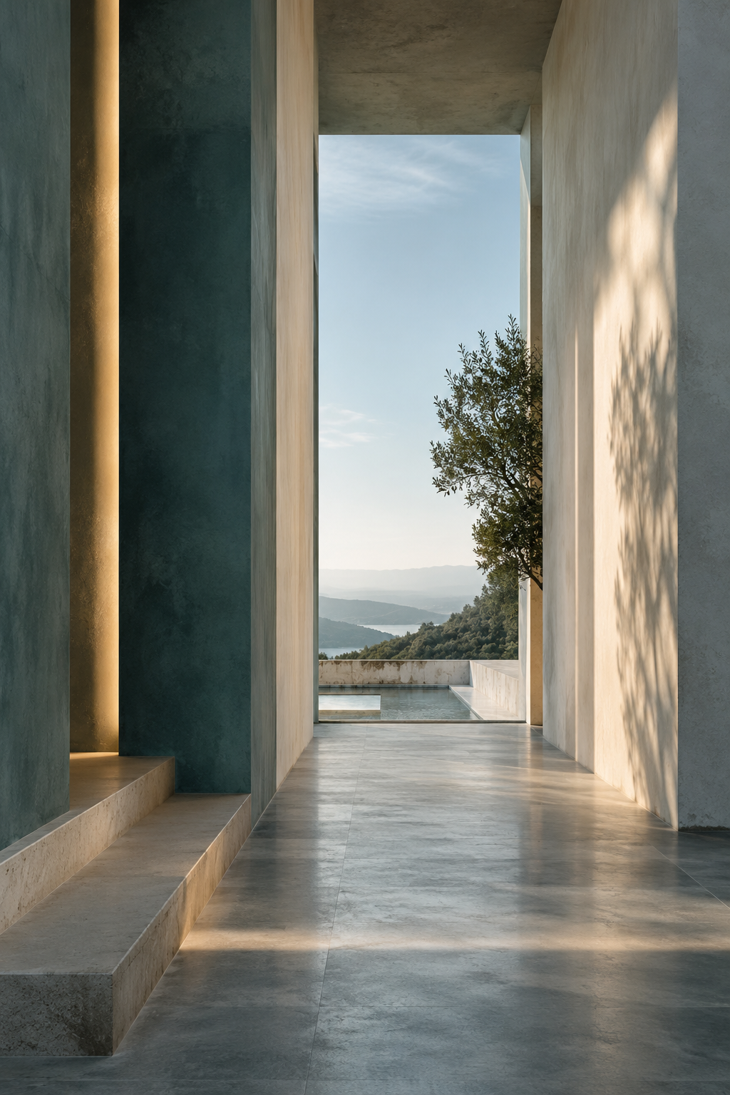 Sunlit corridor opening toward a tree and distant hills